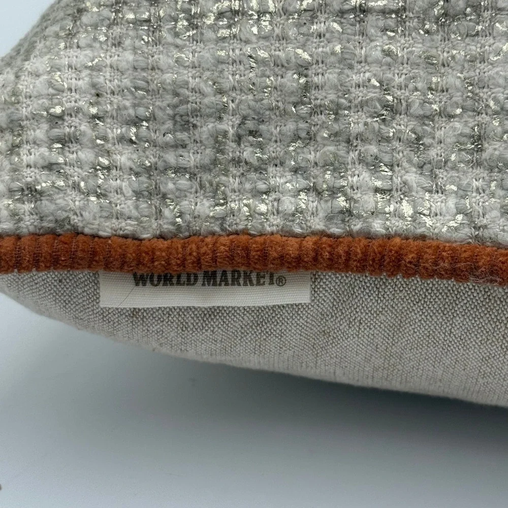 World Market Abstract Face Embroidered Throw Pillow Metallic Silver Rust Trim
